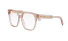 A pair of pink-framed glasses with gold accents.