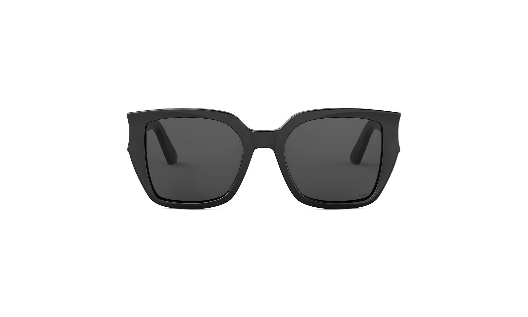 A pair of black sunglasses with dark lenses.