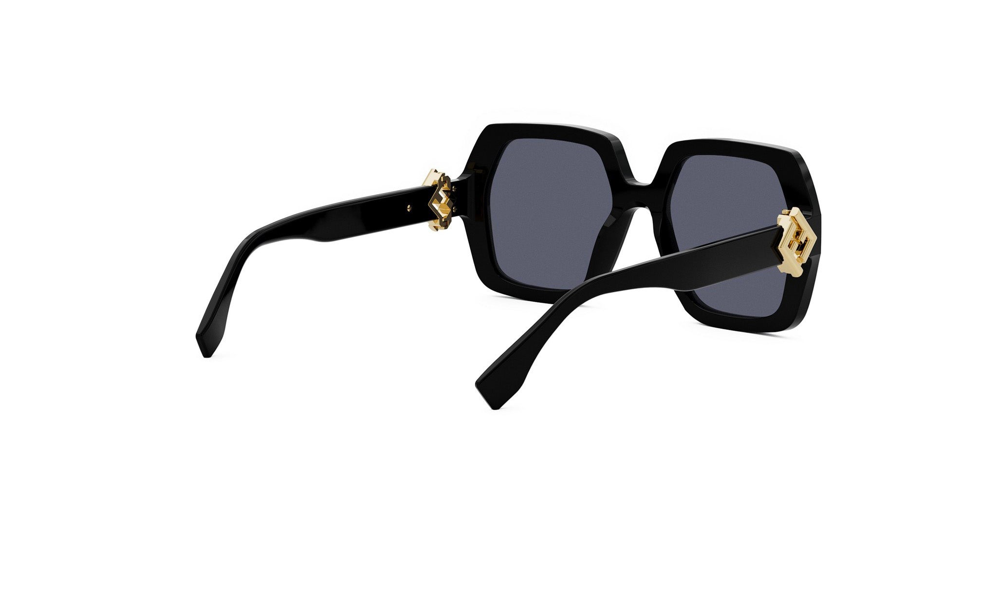 A pair of black sunglasses with gold accents, featuring a square frame and a gold-colored frame accent.