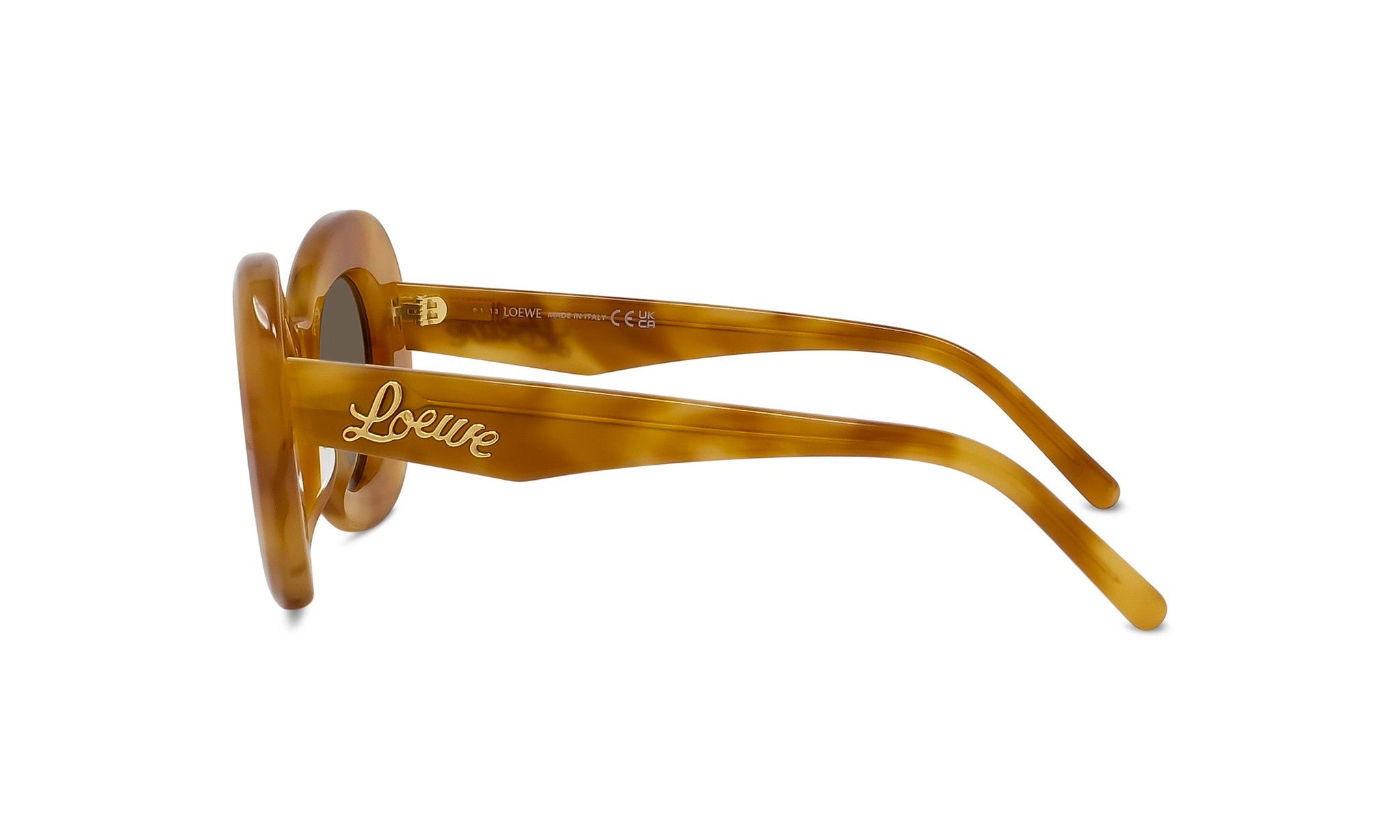 A pair of brown sunglasses with the word "Lesse" printed on the frame.