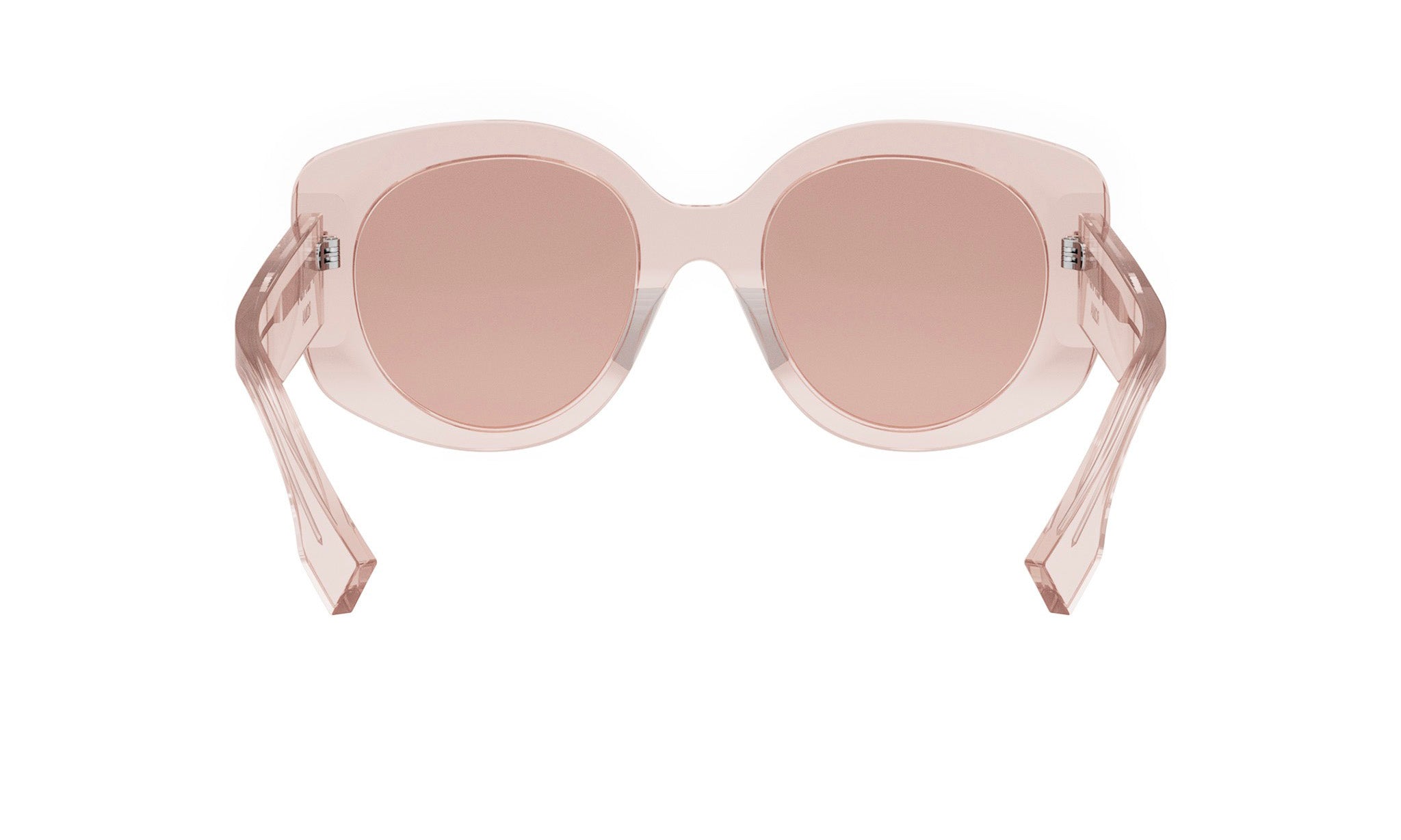 A pair of pink-tinted sunglasses with clear lenses, featuring a round frame and clear temples.