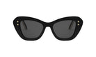 A pair of black cat-eye sunglasses with gold star embellishments on the sides.