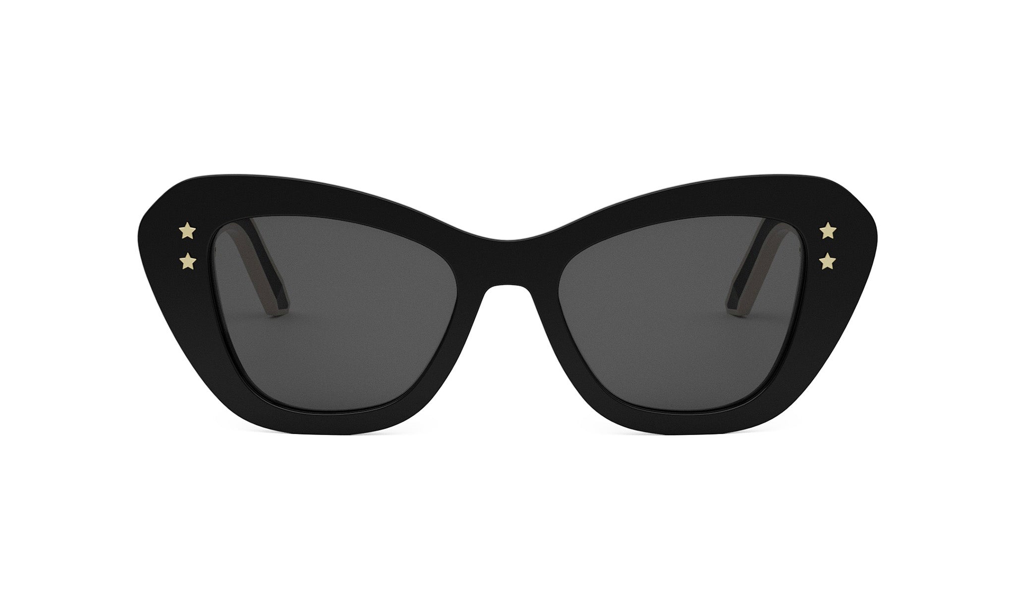 A pair of black cat-eye sunglasses with gold star embellishments on the sides.