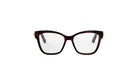 A pair of stylish, burgundy-colored cat-eye framed glasses with gold accents.