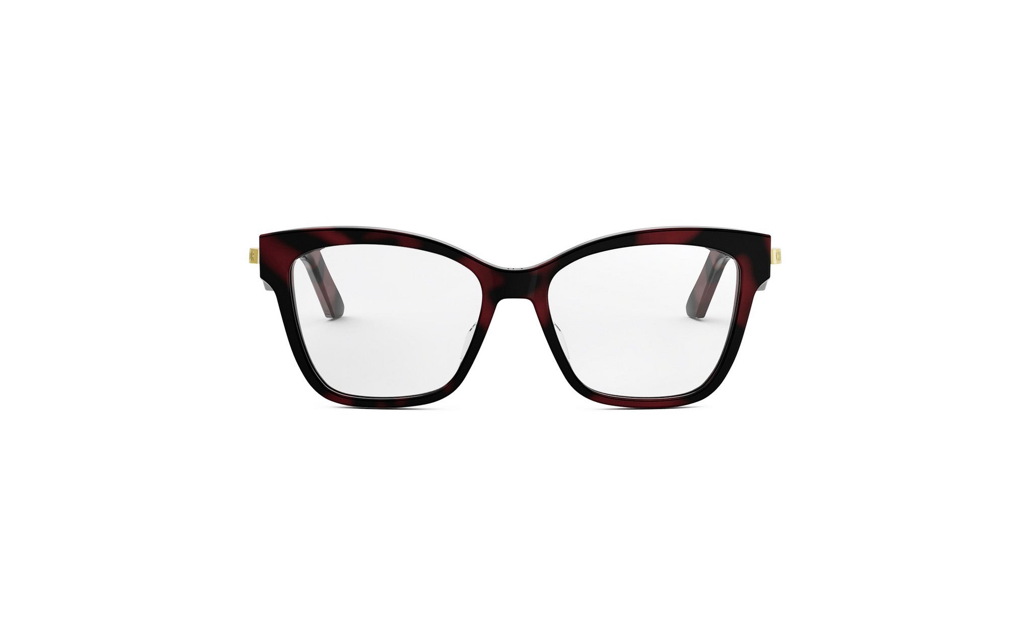 A pair of stylish, burgundy-colored cat-eye framed glasses with gold accents.