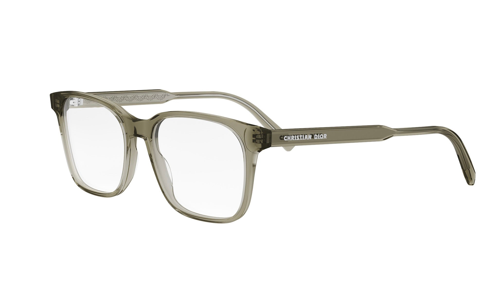 A pair of gray-framed glasses with the brand name "Christian Dior" printed on the side.