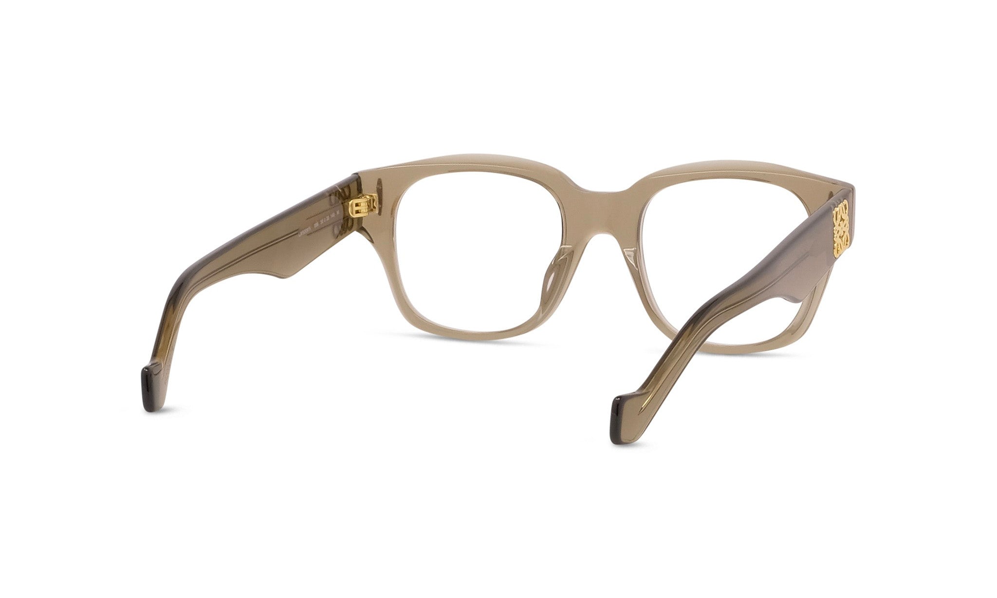 A pair of brown-framed glasses with clear lenses, featuring a gold-colored accent on the temples.