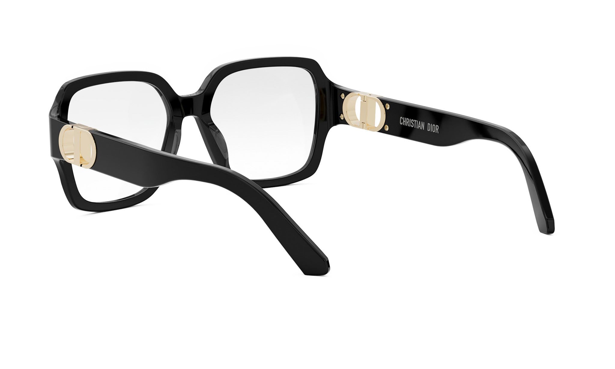 A pair of black-framed glasses with gold accents, featuring the logo of Christian Dior.