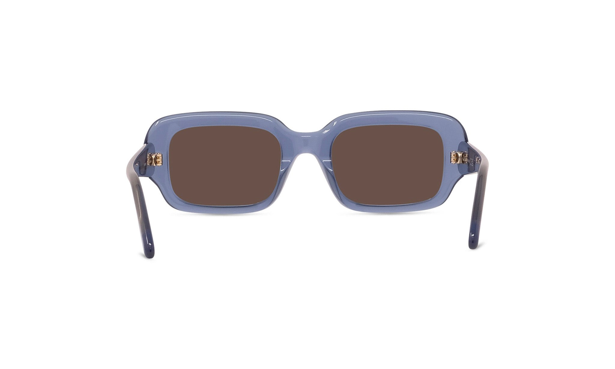A pair of blue-tinted sunglasses with dark brown lenses.