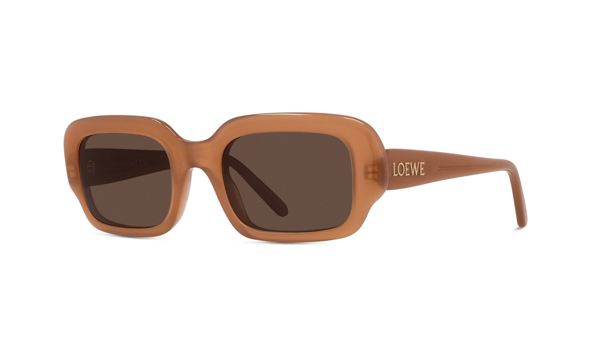 A pair of brown framed sunglasses with the word "LOEWE" printed on the frame.