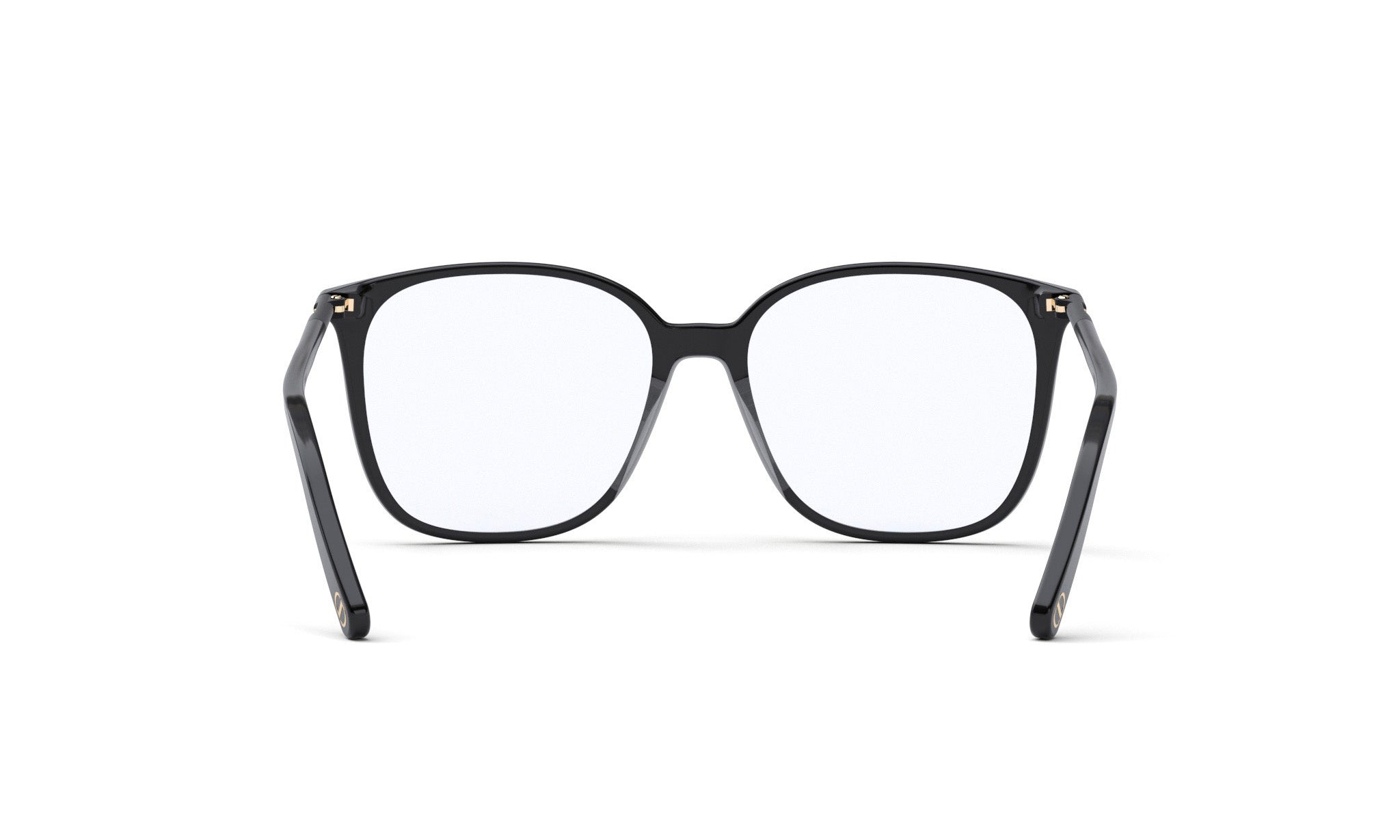 A pair of black-framed glasses with a clear lens, shown from the back view.