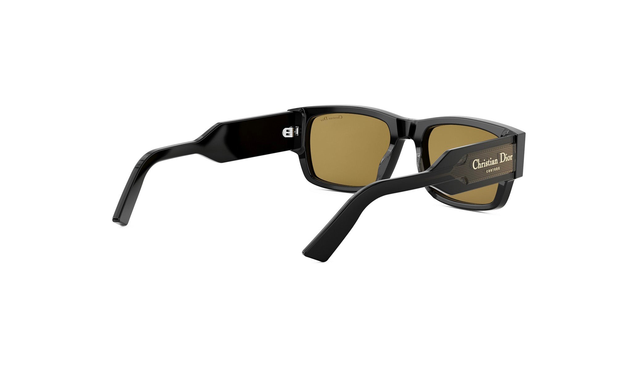 A pair of black sunglasses with a gold frame, featuring the logo of Christian Dior.