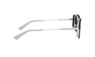 A pair of silver-colored sunglasses with a black frame.