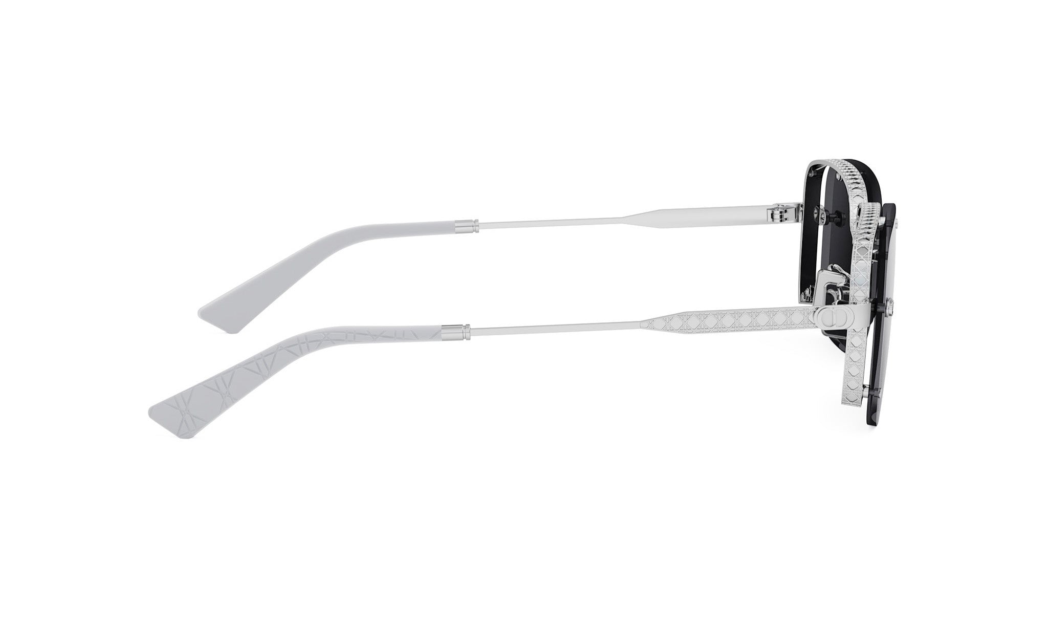 A pair of silver-colored sunglasses with a black frame.