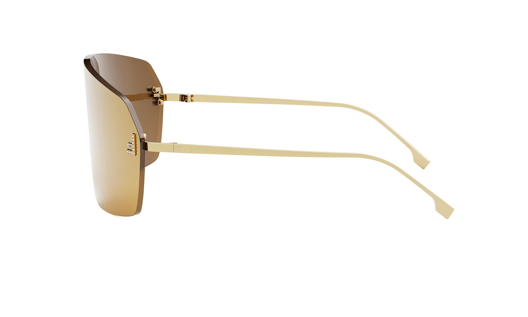 A pair of gold-colored sunglasses with a curved frame and reflective lenses.