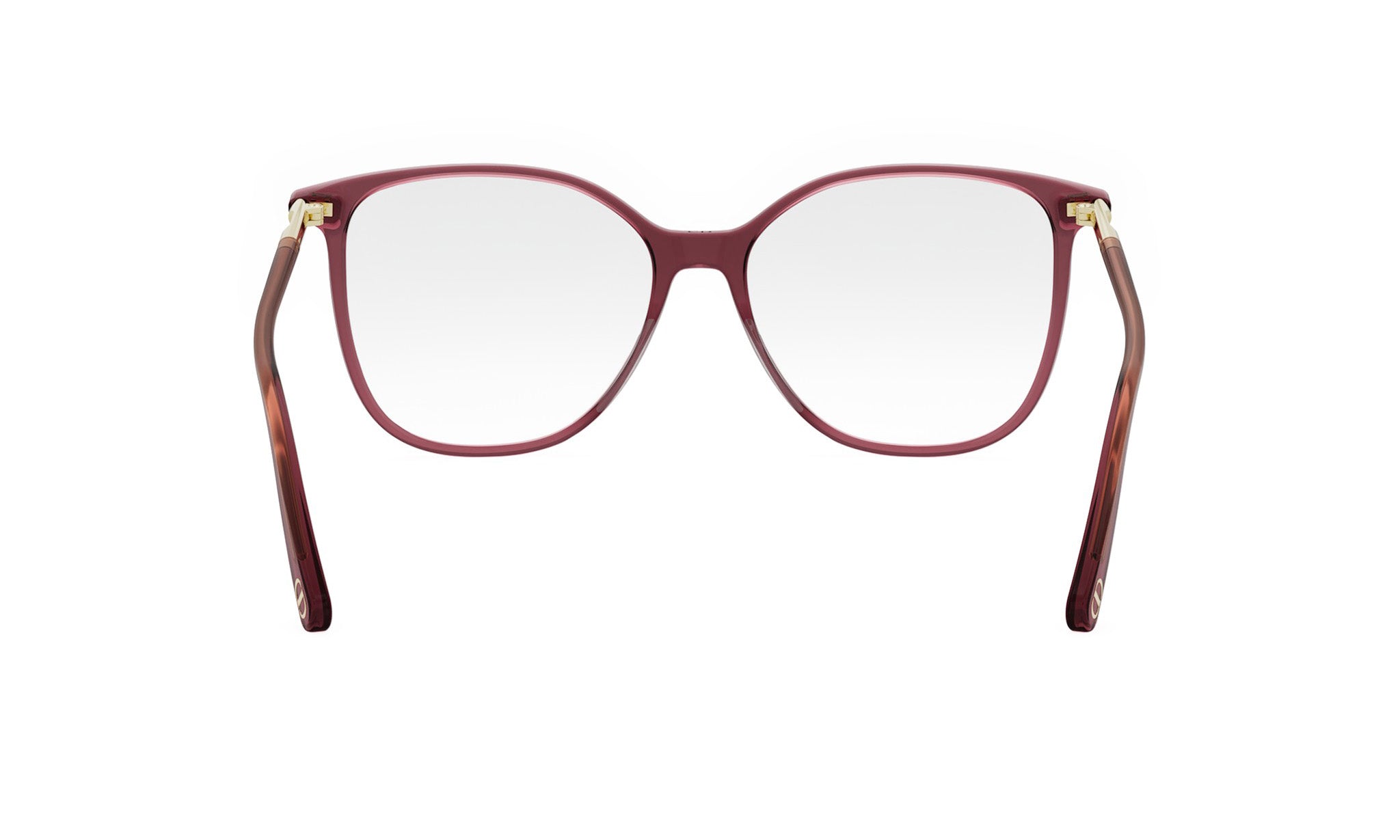 A pair of red-tinted glasses with clear lenses, featuring a dark brown frame and a white background.