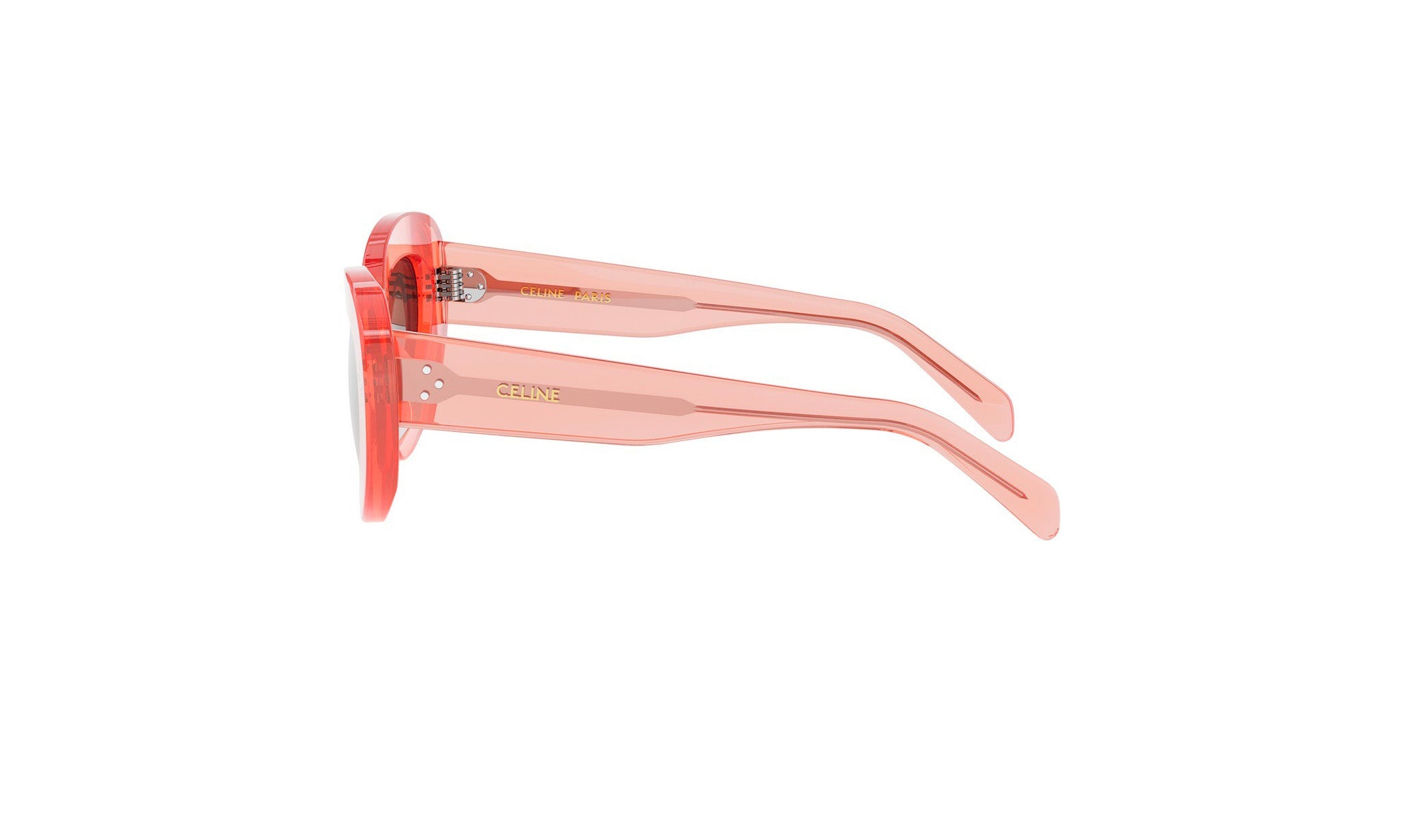 A pair of pink sunglasses with the brand name "Celine" printed on them.