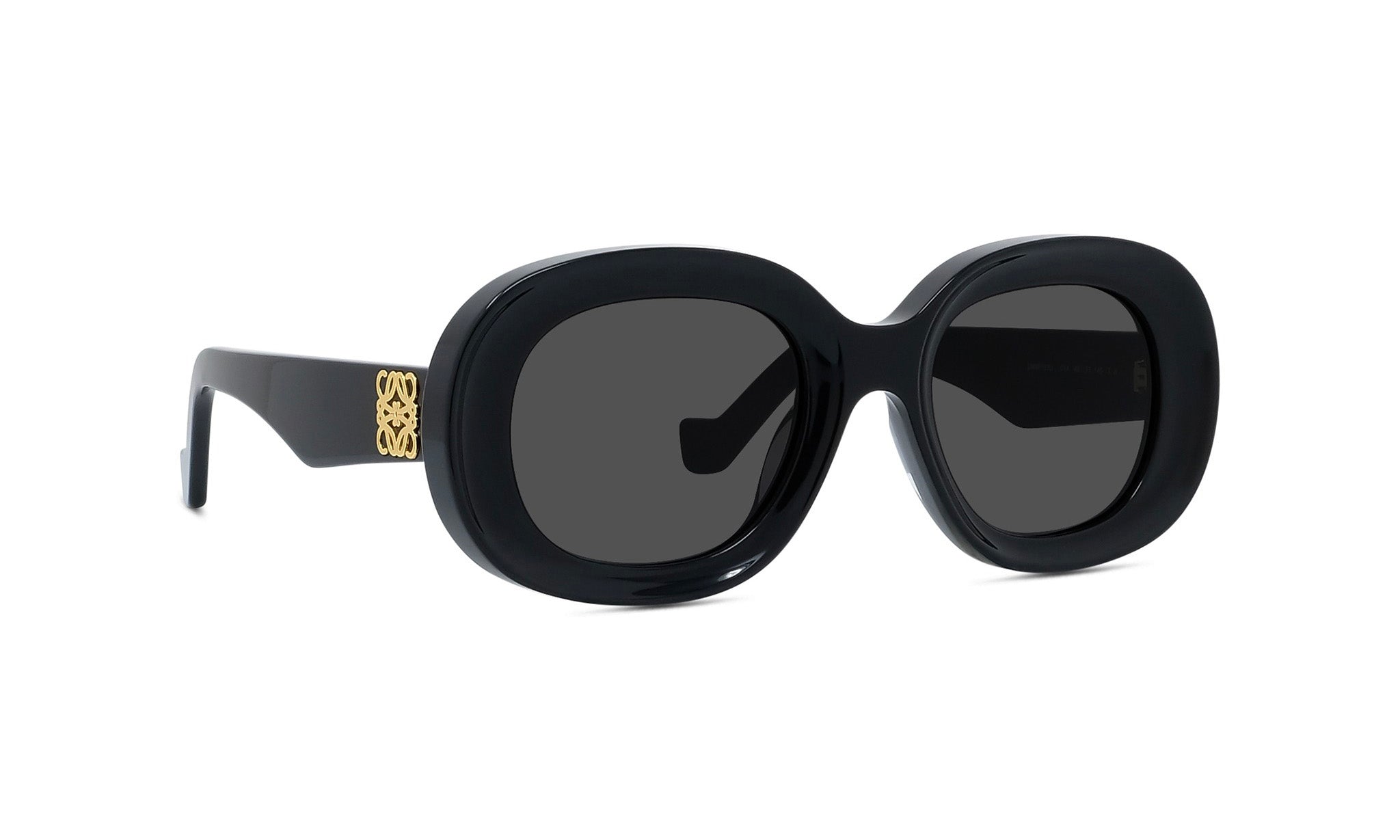 A pair of black sunglasses with gold accents.