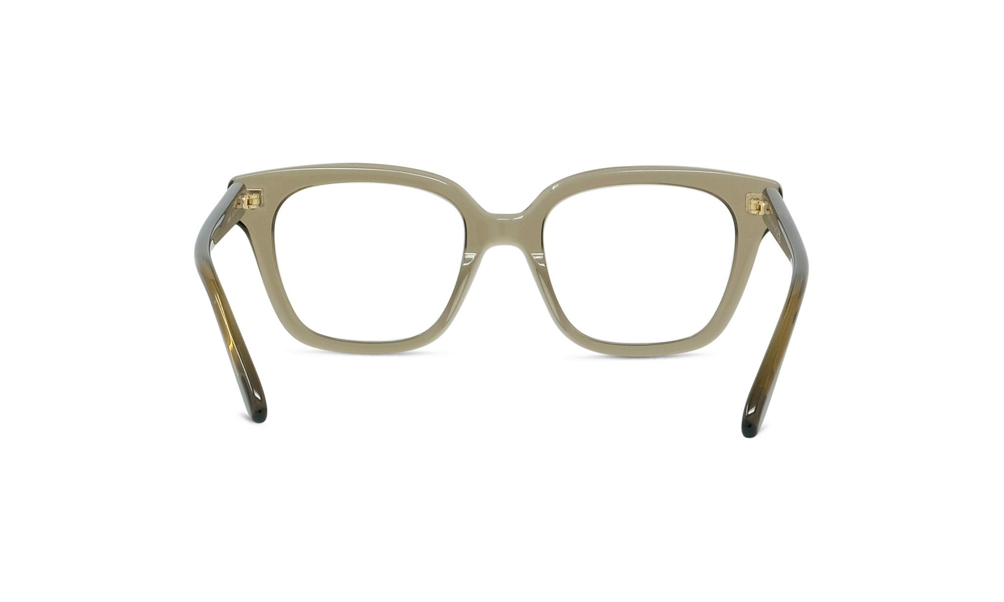 A pair of brown-framed glasses with a clear lens, shown from the back view.