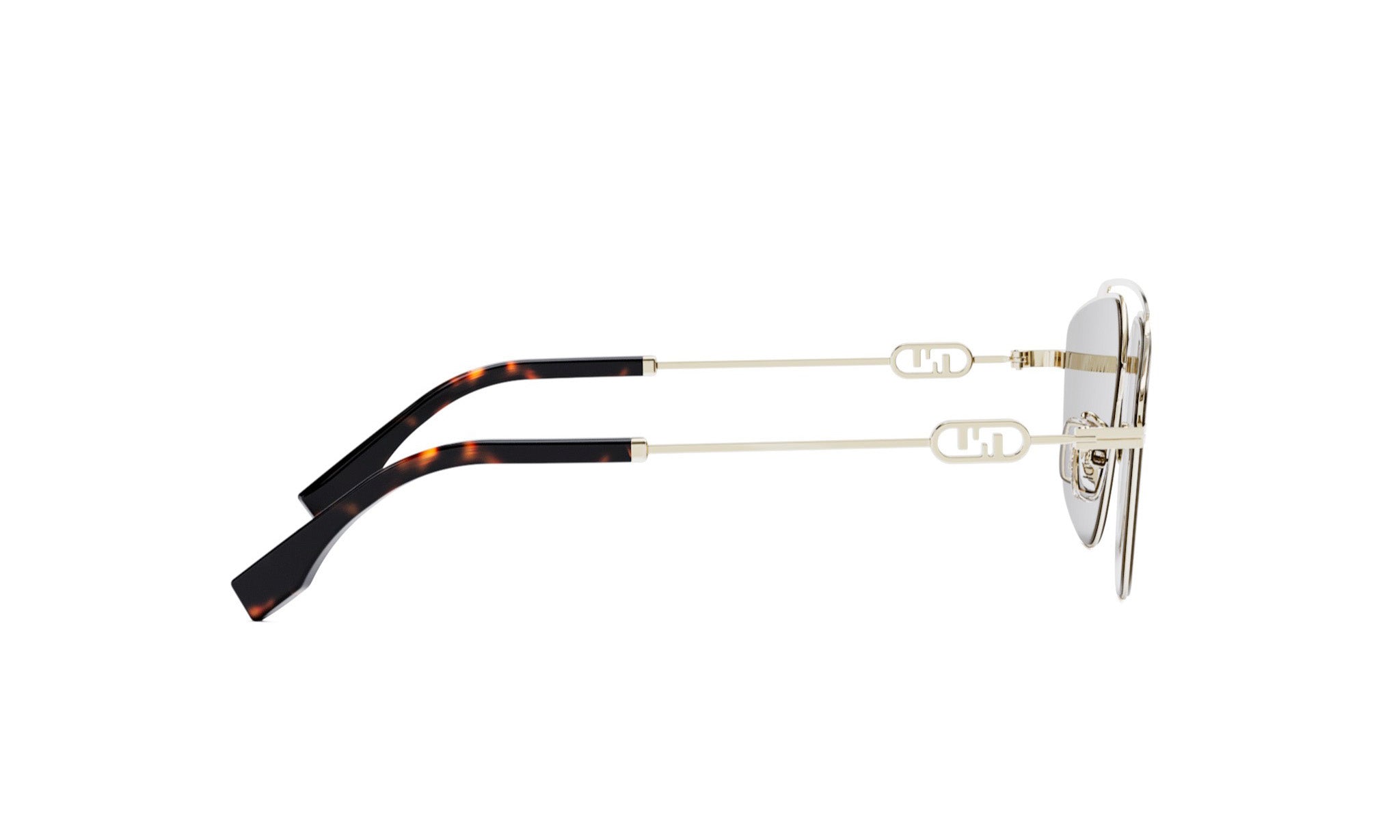 A pair of sunglasses with a tortoiseshell frame and a gold-colored metal frame.