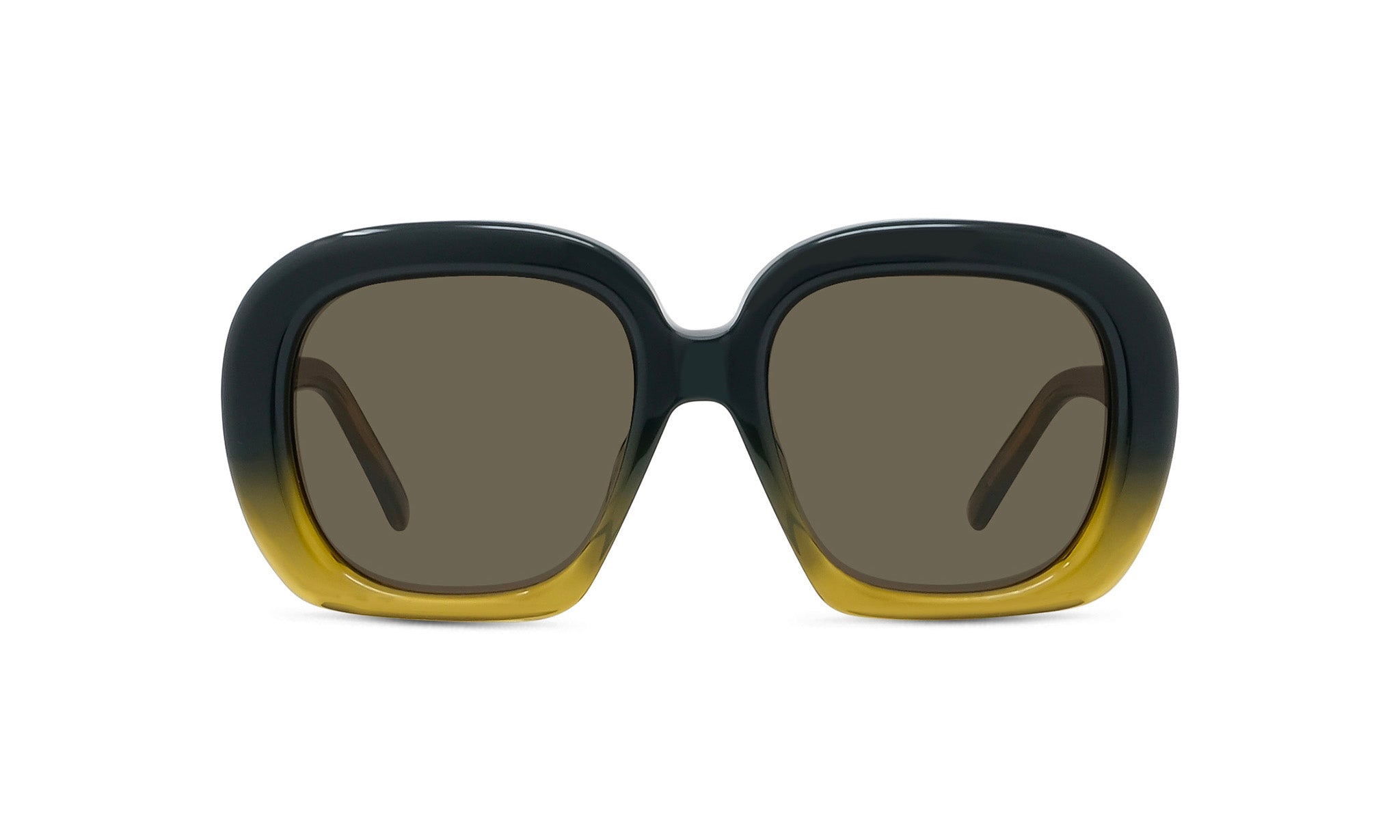 A pair of stylish sunglasses with a black and yellow gradient frame.