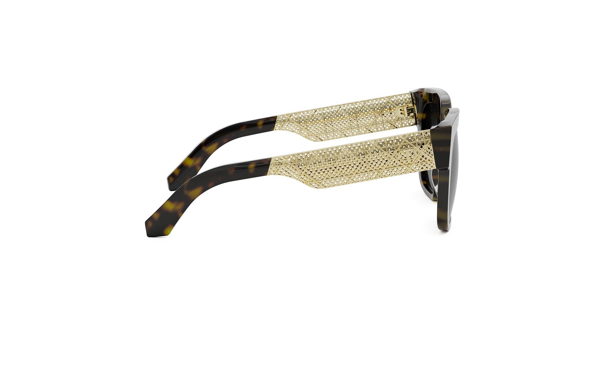 A pair of sunglasses with a tortoiseshell frame and gold-colored mesh accents.