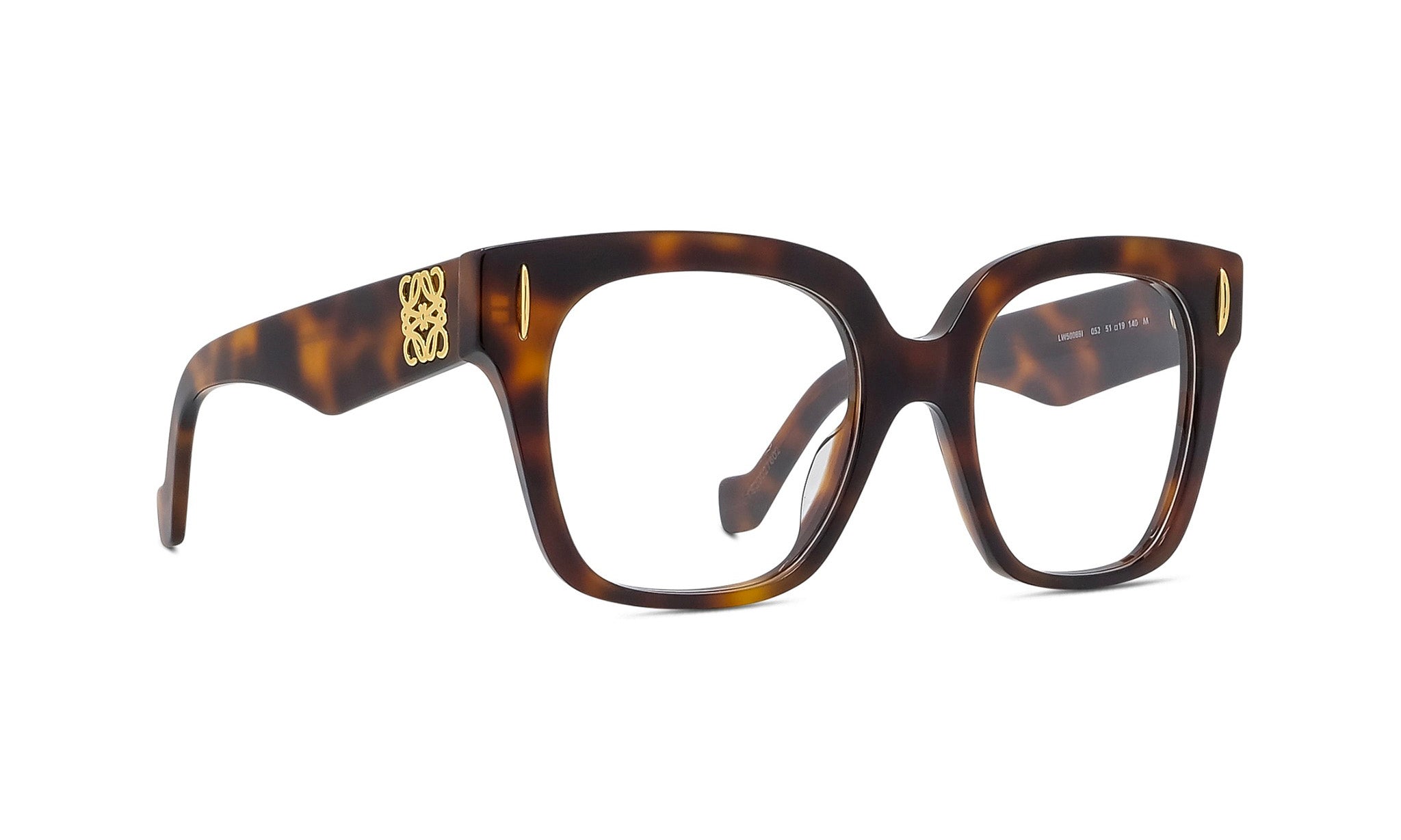 A pair of stylish, tortoiseshell-framed glasses with a gold-colored logo on the side.