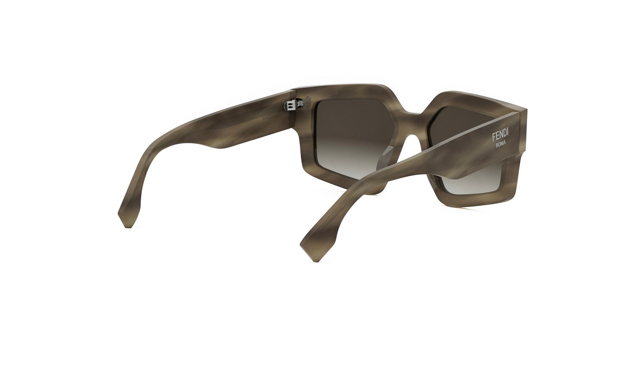 A pair of dark-colored sunglasses with a Fendi logo on the frame.