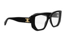A pair of black cat-eye framed glasses with a gold C logo on the side.