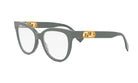 A pair of stylish, gray-framed glasses with a gold-colored logo on the side.