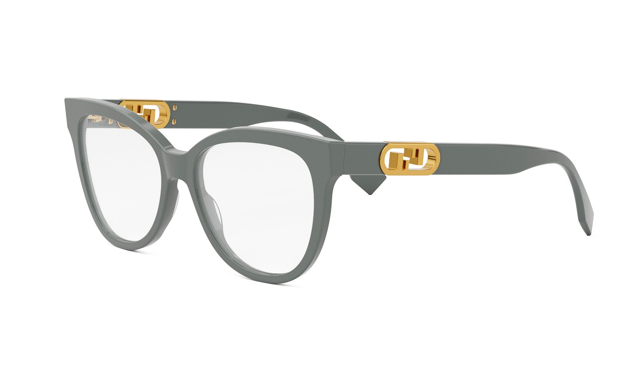 A pair of stylish, gray-framed glasses with a gold-colored logo on the side.
