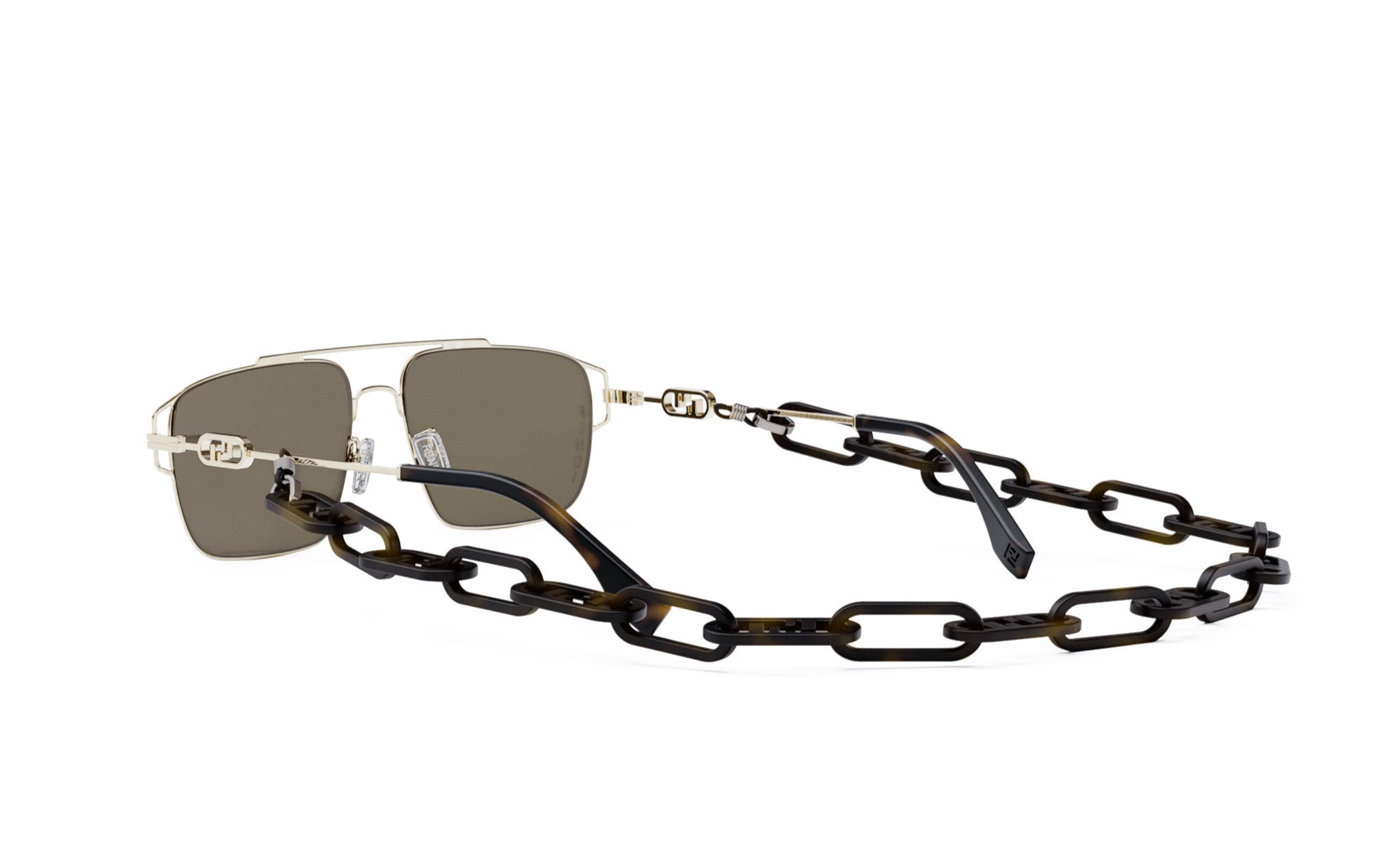 A pair of sunglasses with a chain strap, featuring a dark chain design.