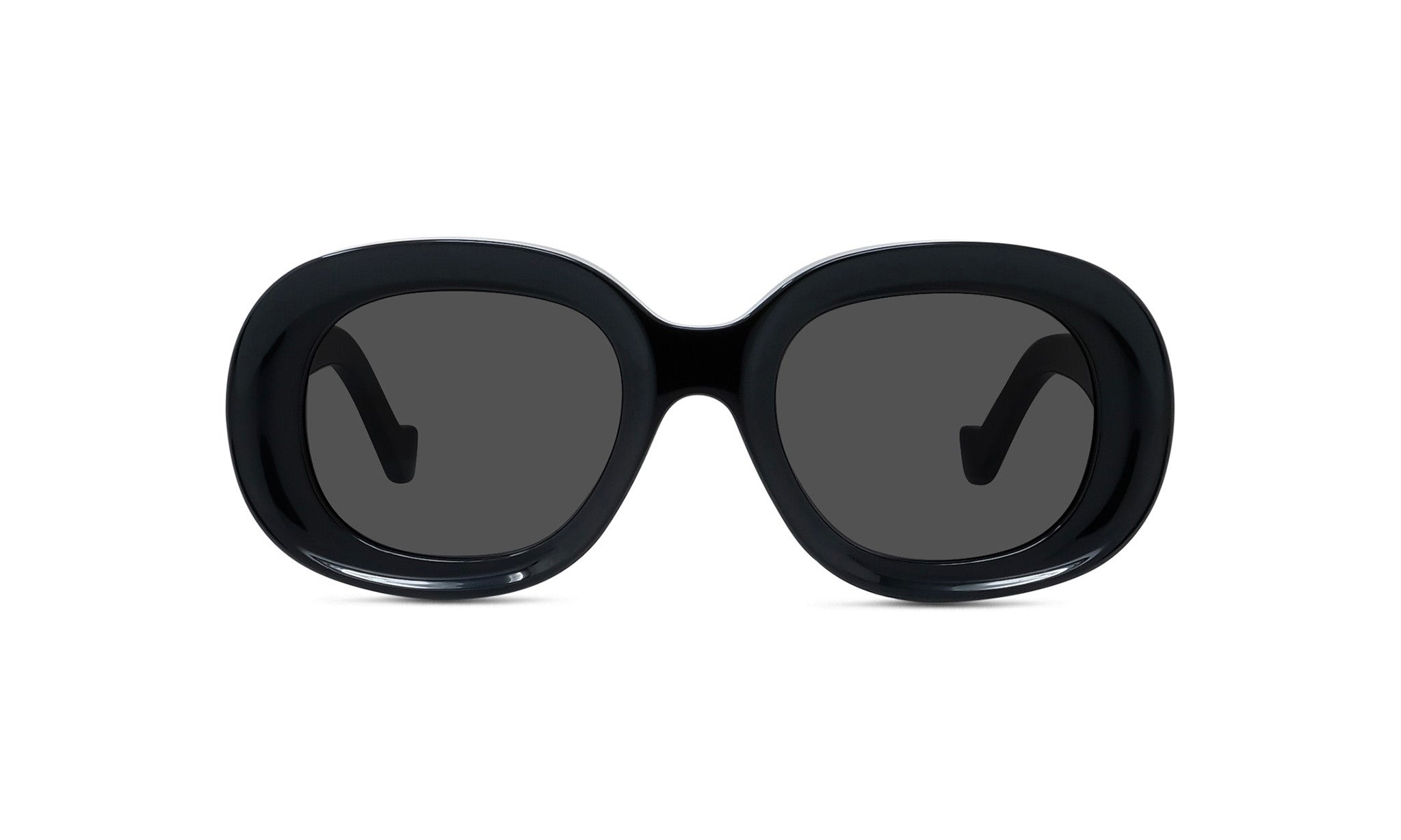 A pair of black oversized sunglasses with dark lenses.