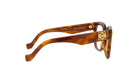 A pair of brown-framed glasses with a gold-colored logo on the temple.