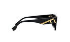 A pair of black sunglasses with gold accents, featuring a distinctive logo on the frame.