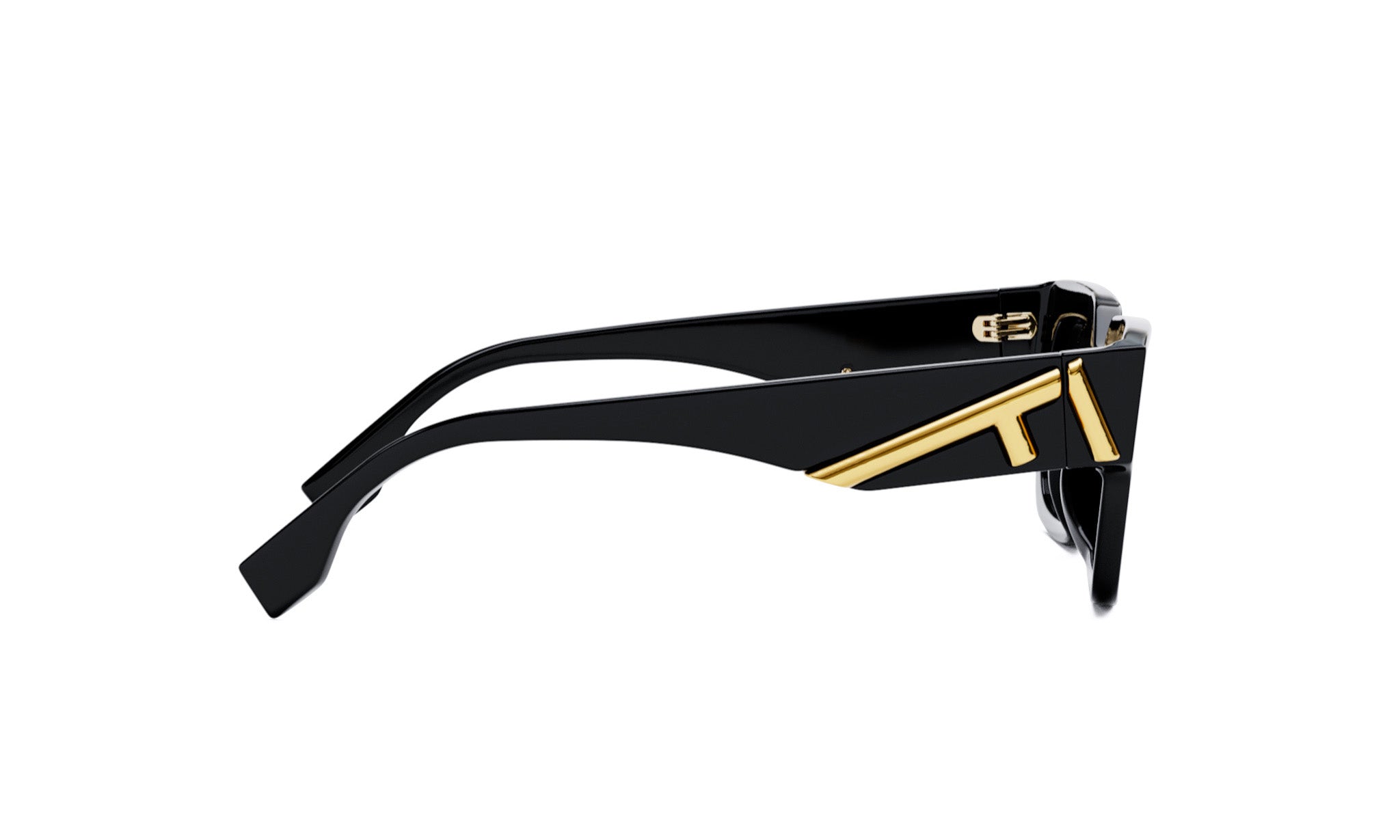 A pair of black sunglasses with gold accents, featuring a distinctive logo on the frame.
