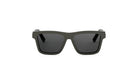 A pair of black sunglasses with dark lenses.