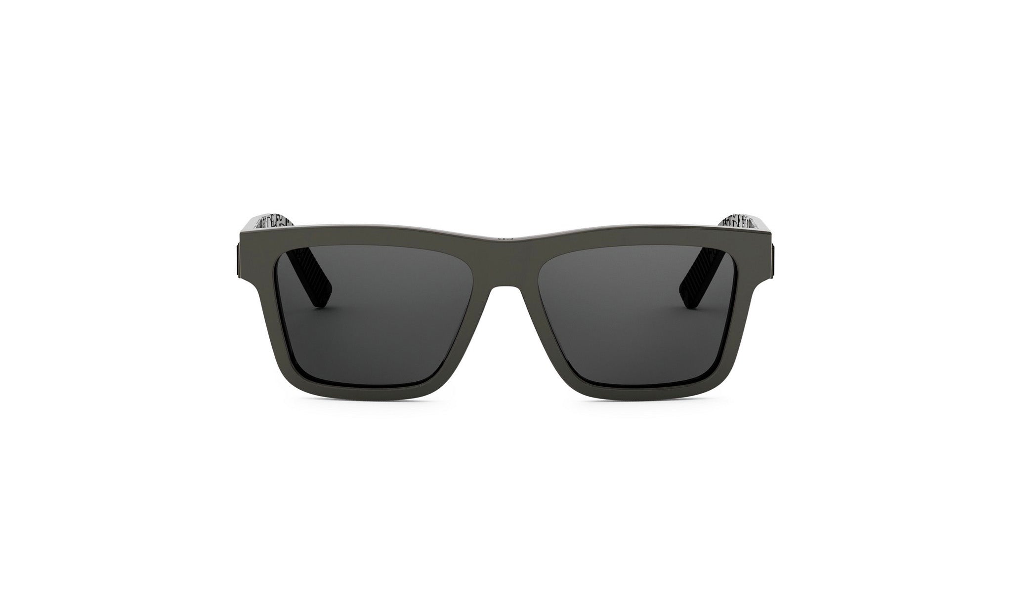 A pair of black sunglasses with dark lenses.