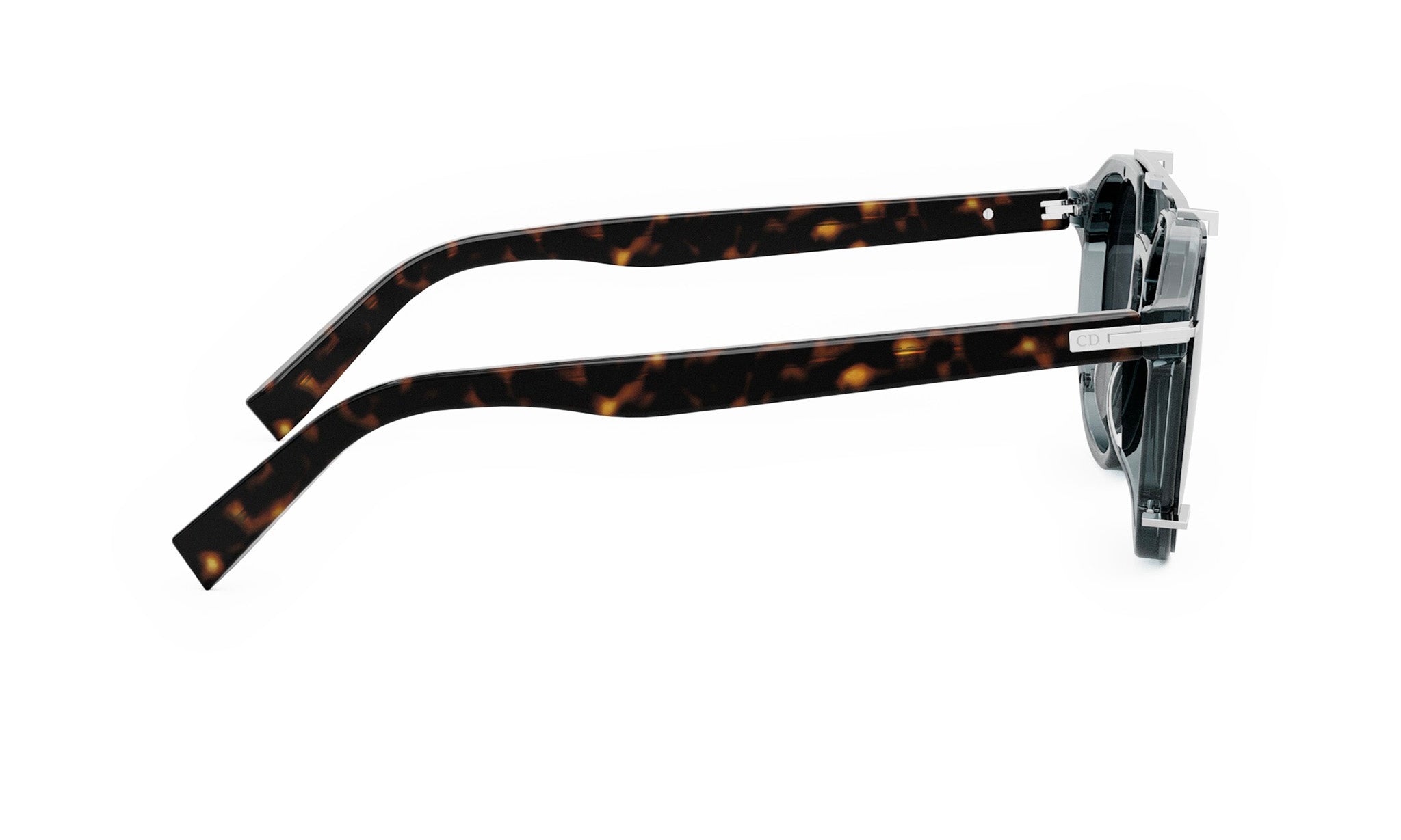 A pair of sunglasses with a dark tortoiseshell frame and dark lenses.