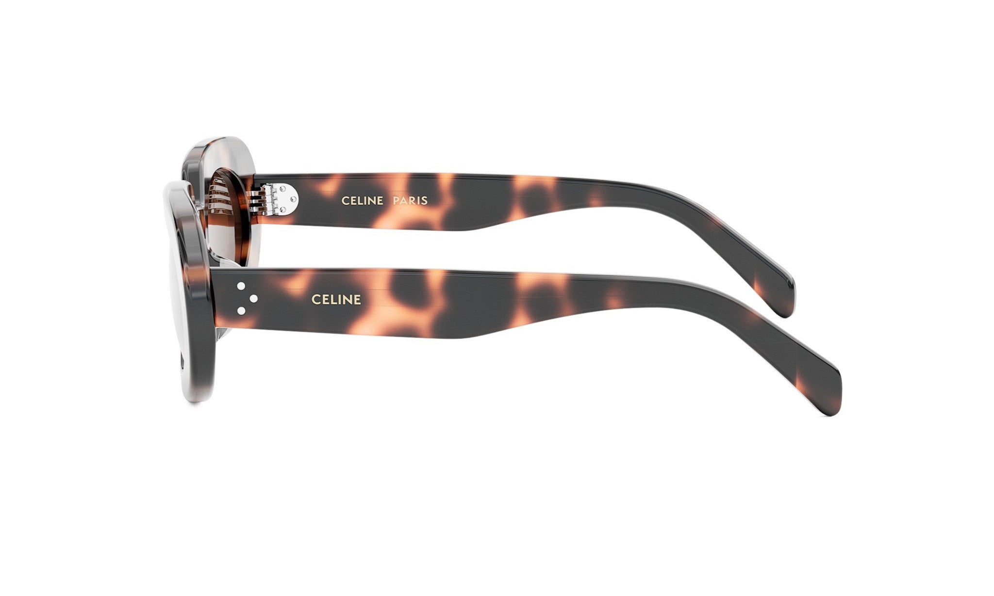 A pair of sunglasses with a tortoiseshell frame and the Celine Paris logo on the temples.