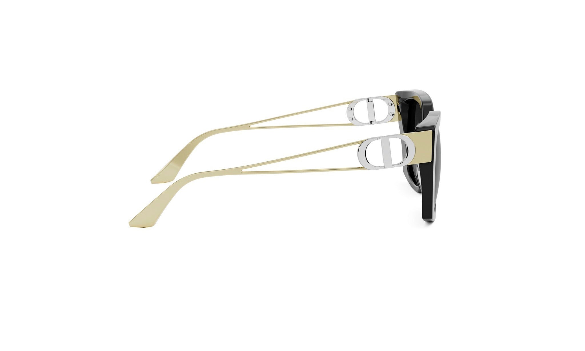 A pair of stylish sunglasses with a gold frame and black lenses.