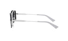 A pair of silver-colored sunglasses with a distinctive design.
