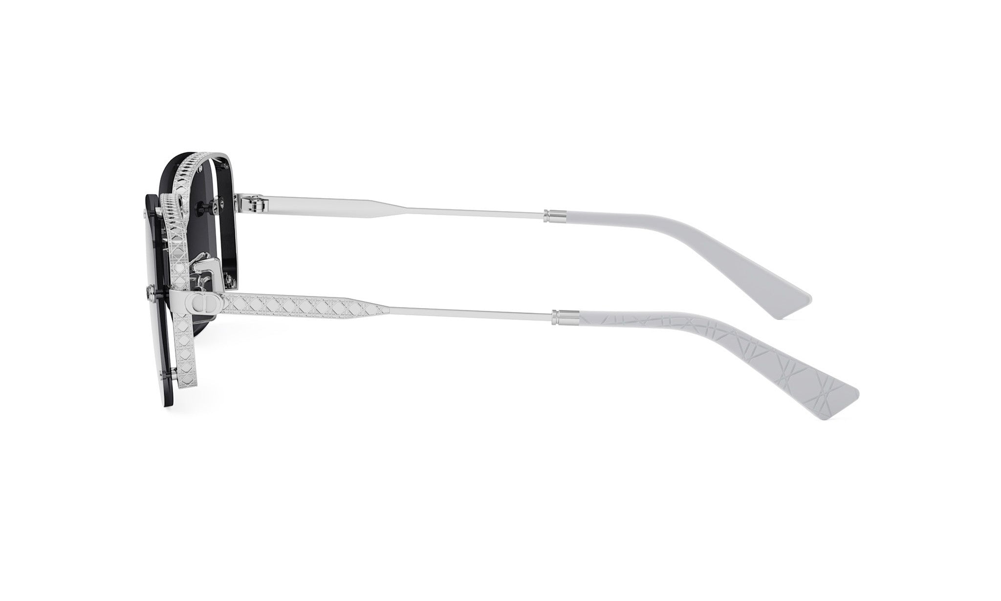 A pair of silver-colored sunglasses with a distinctive design.