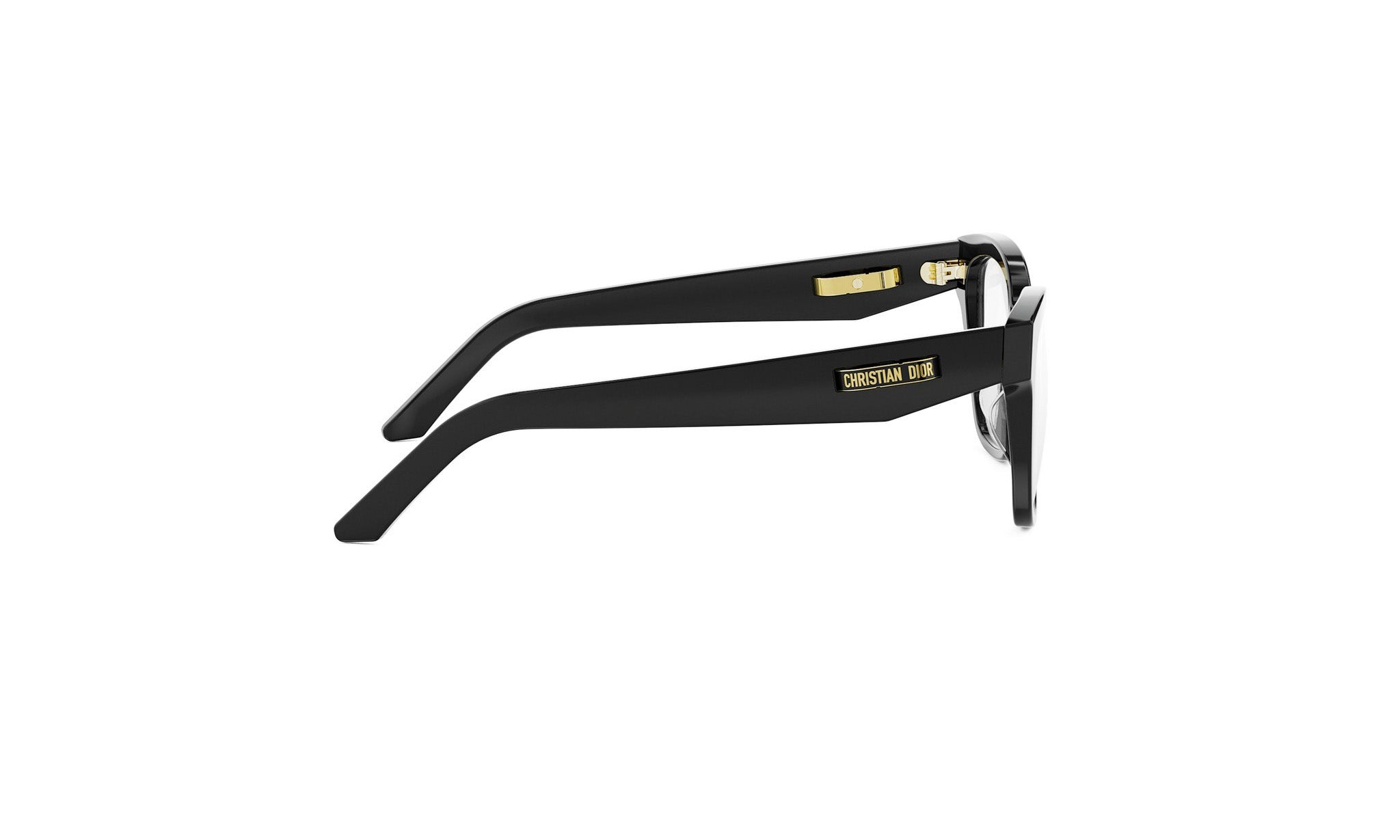 A pair of black-framed glasses with gold accents, positioned side by side against a white background.