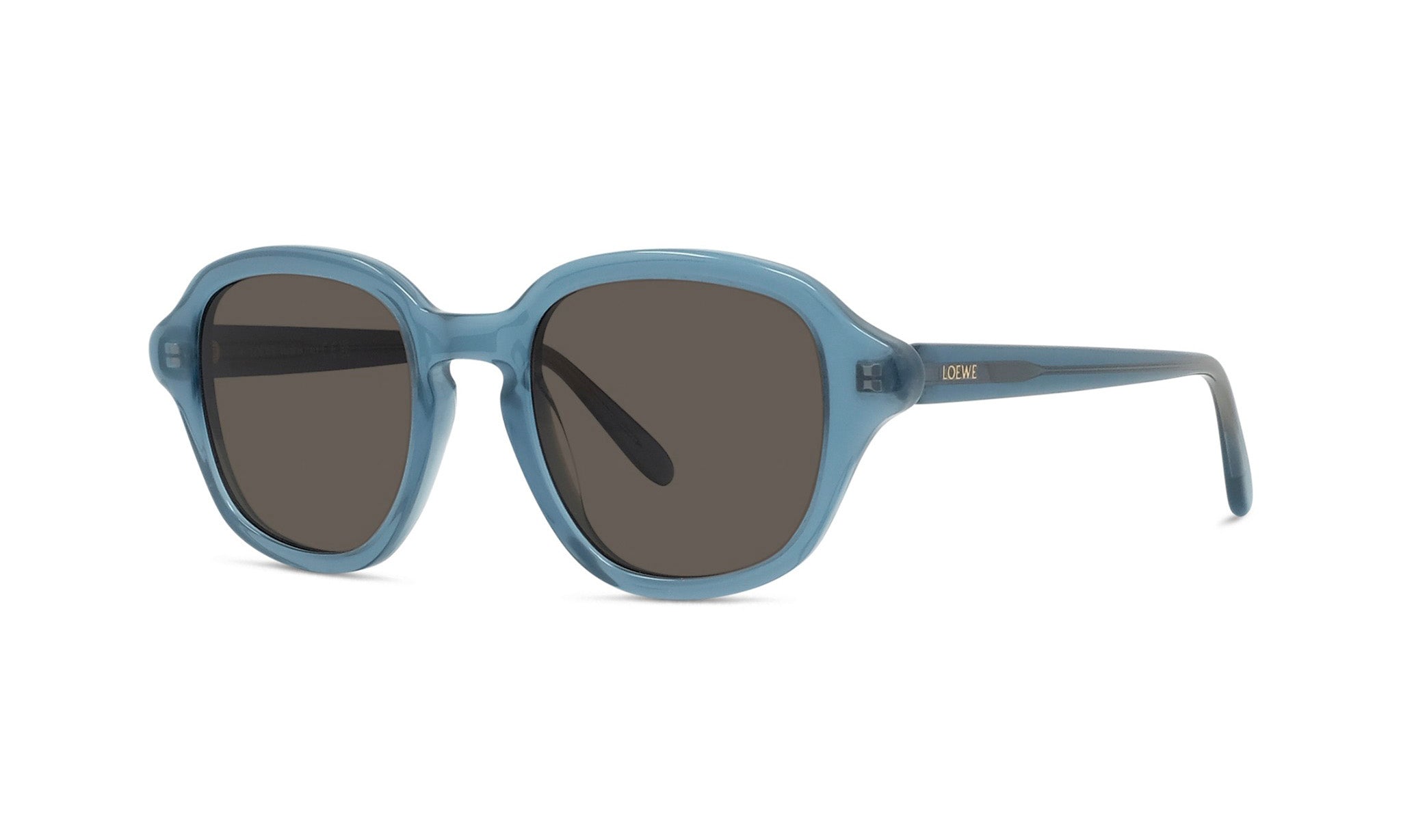 A pair of blue-tinted sunglasses with dark lenses.
