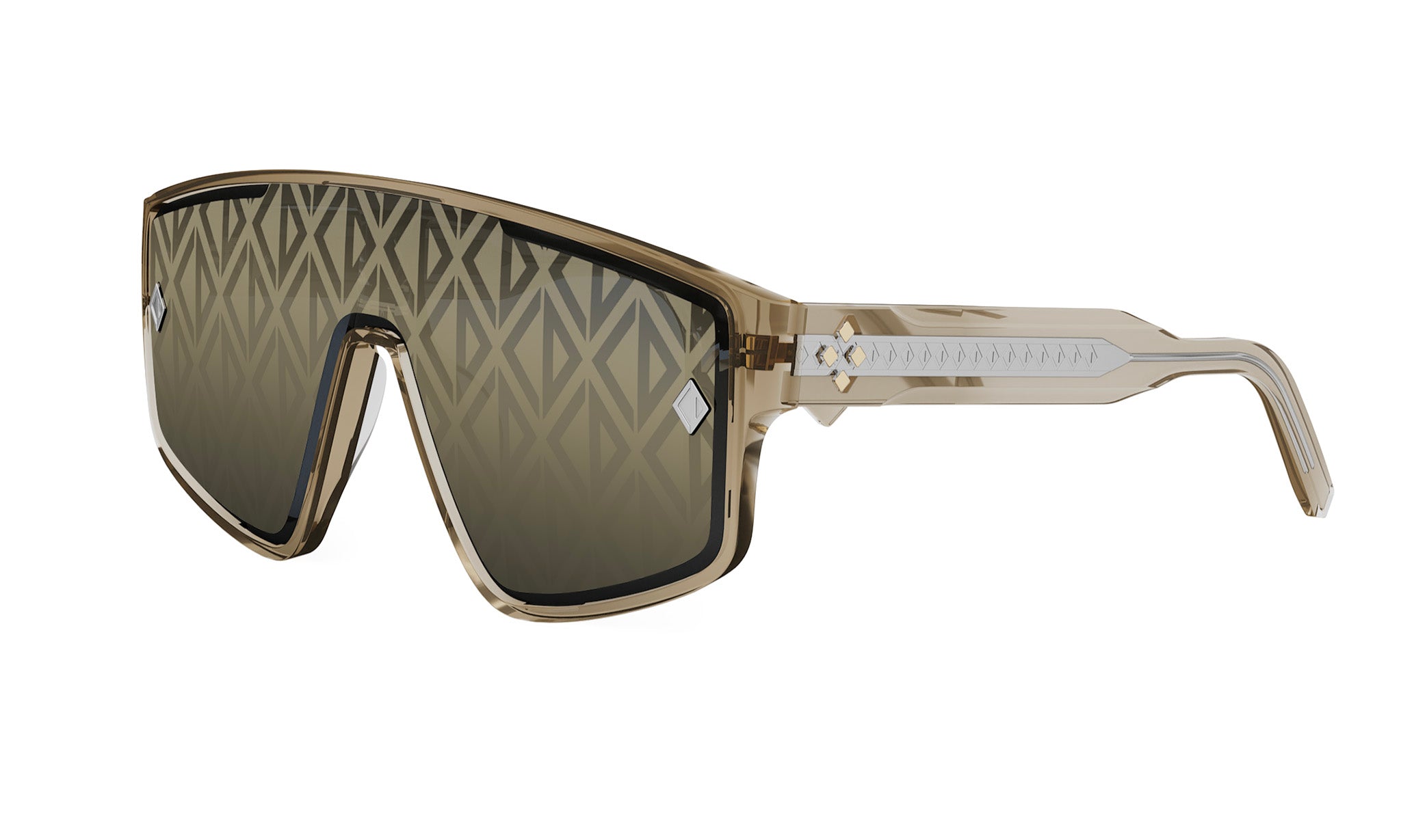 A pair of stylish sunglasses with a geometric pattern on the lenses.