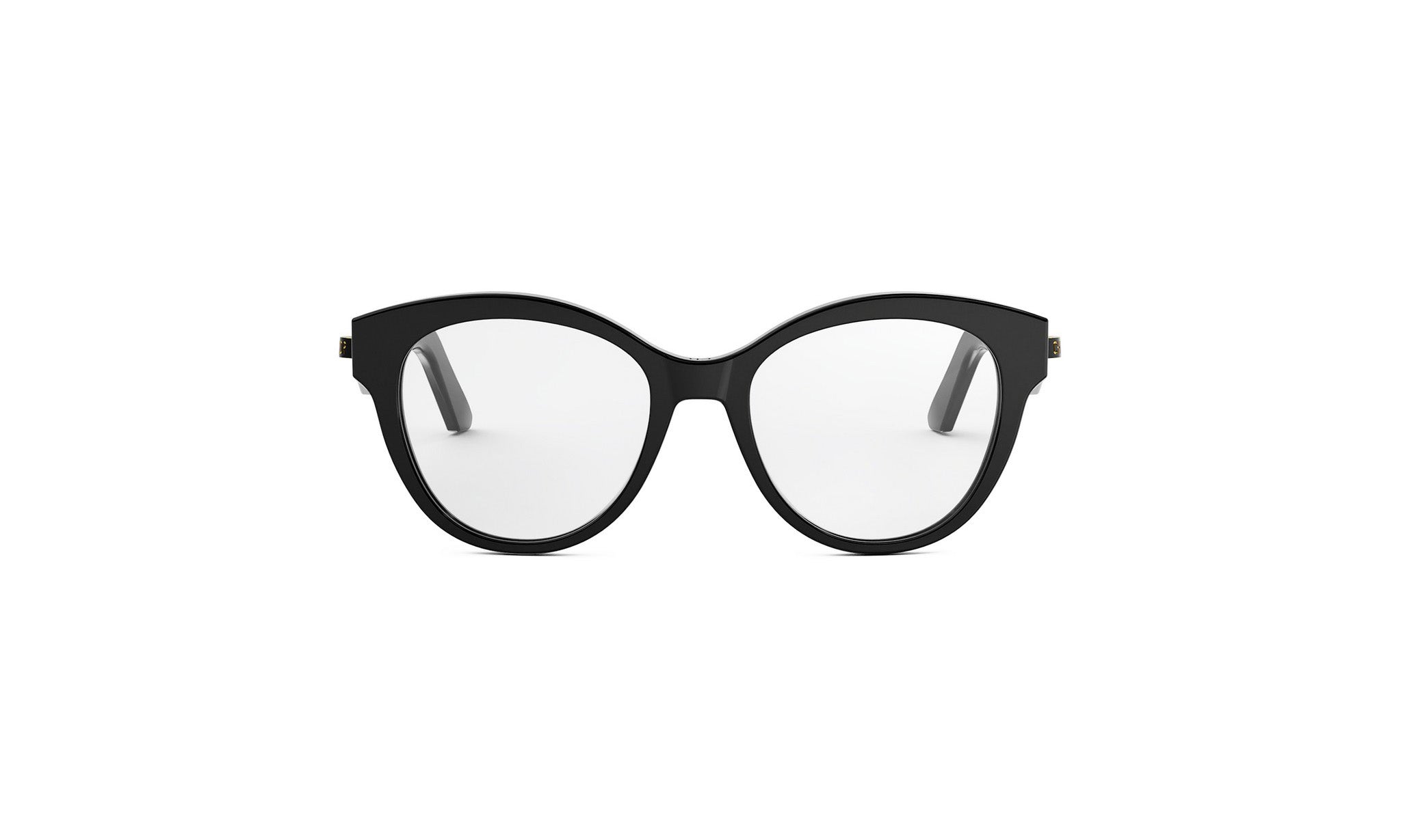 A pair of black cat-eye framed glasses against a white background.