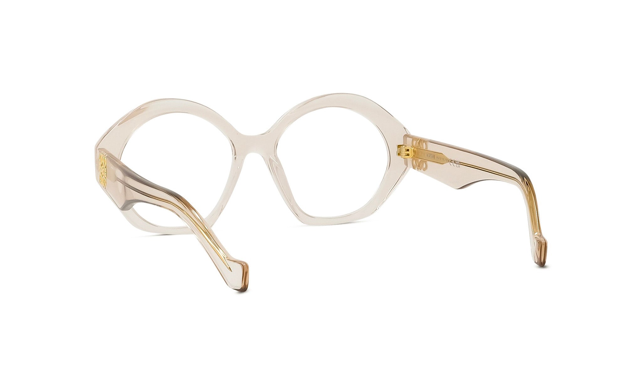 A pair of stylish, round-framed glasses with a beige frame and gold accents.
