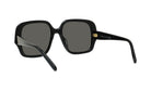 A pair of black sunglasses with dark lenses.