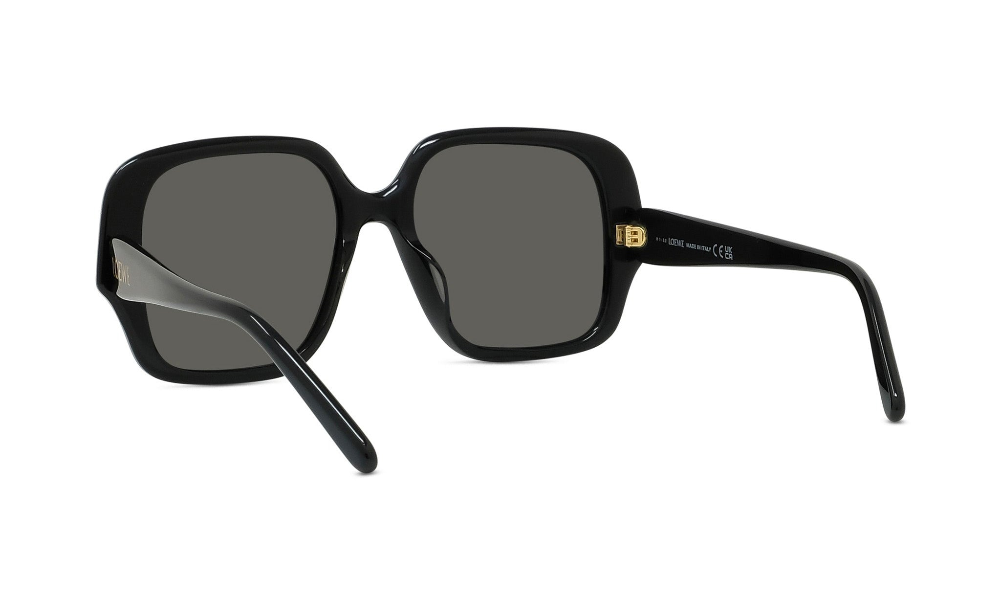 A pair of black sunglasses with dark lenses.